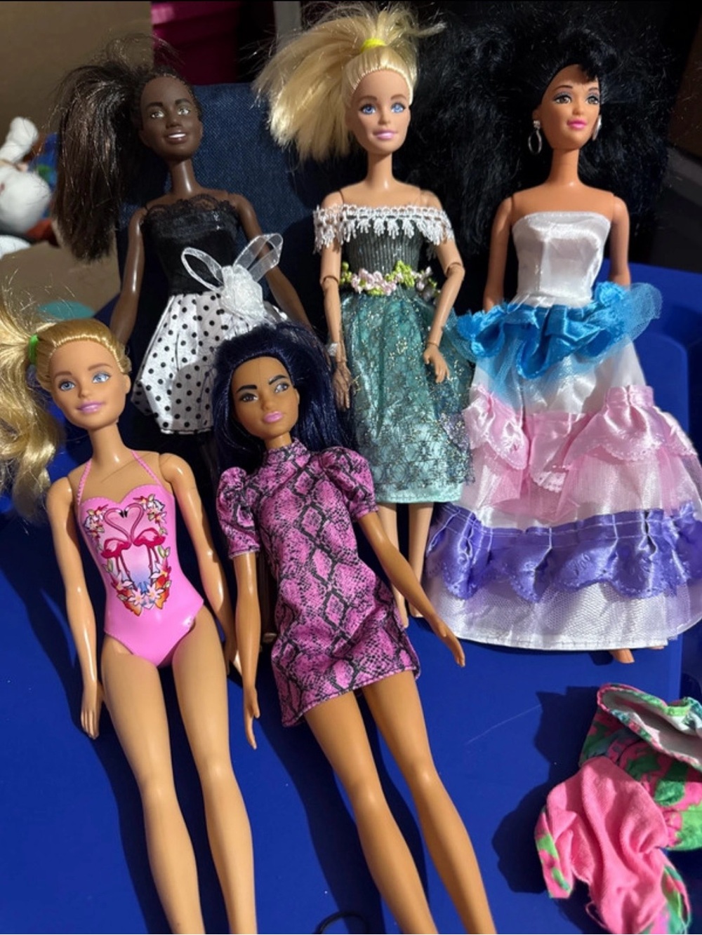 EUC Barbie Dolls Lot with Pink Blue, Green & Purple Outfits